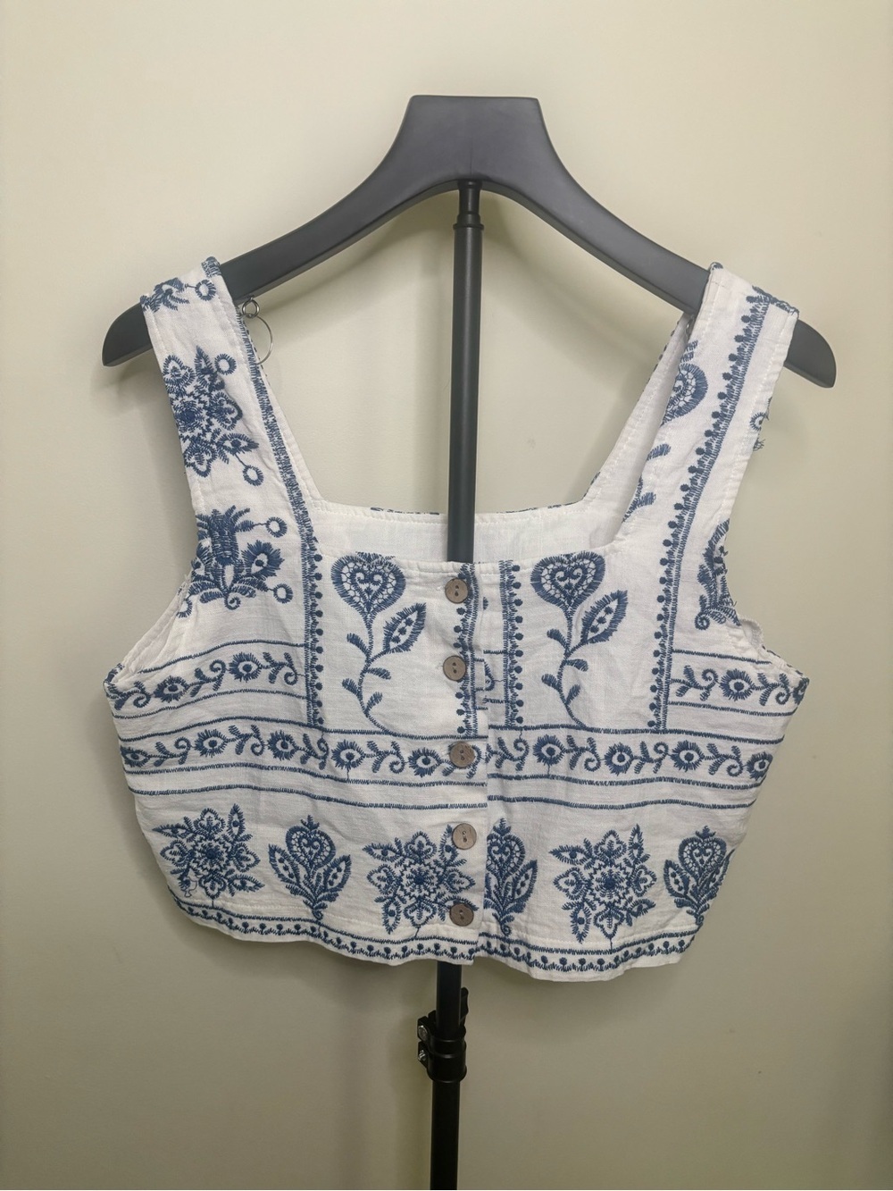 Joie Embroidered Linen Blend Crop Tank Top Blue and White Boho Square Neck - Picture 3 of 6